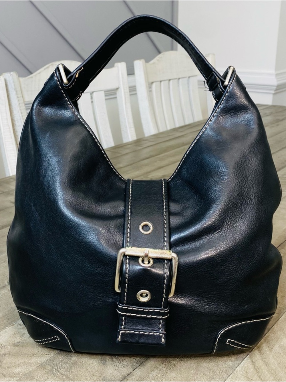 Michael Kors Black Leather  Hobo Shoulder Handbag Good Silver Hardware - Picture 2 of 12